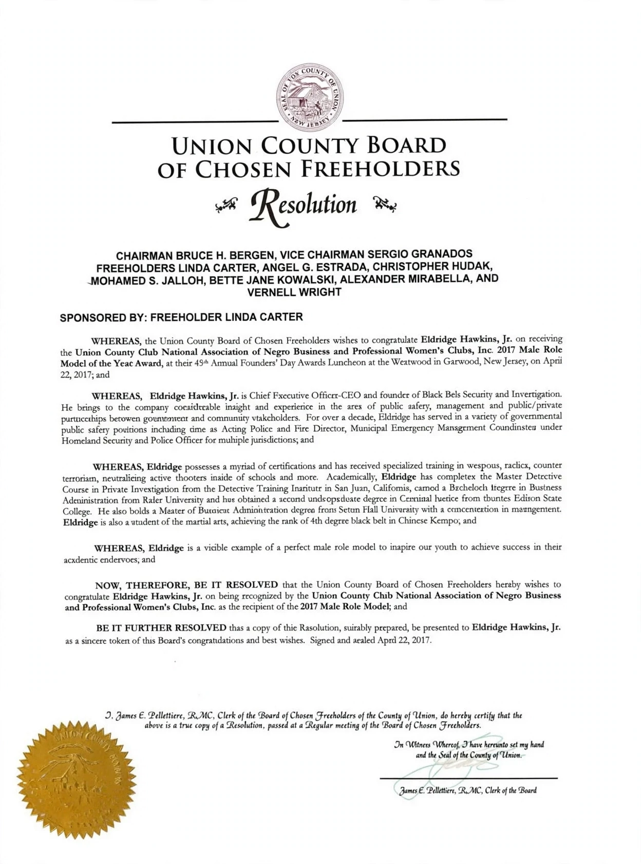 Union County Board of Chosen Freeholders Resolution — 2017 Male Role Model Award