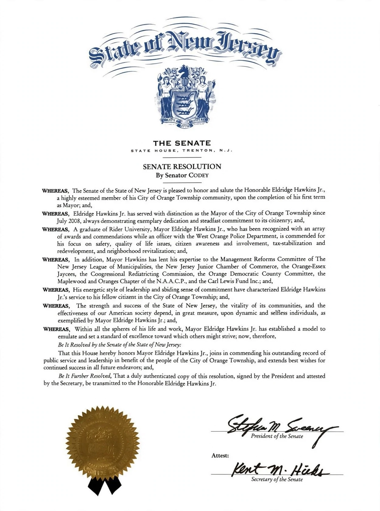 NJ State Senate Resolution honoring Mayor Eldridge Hawkins Jr.